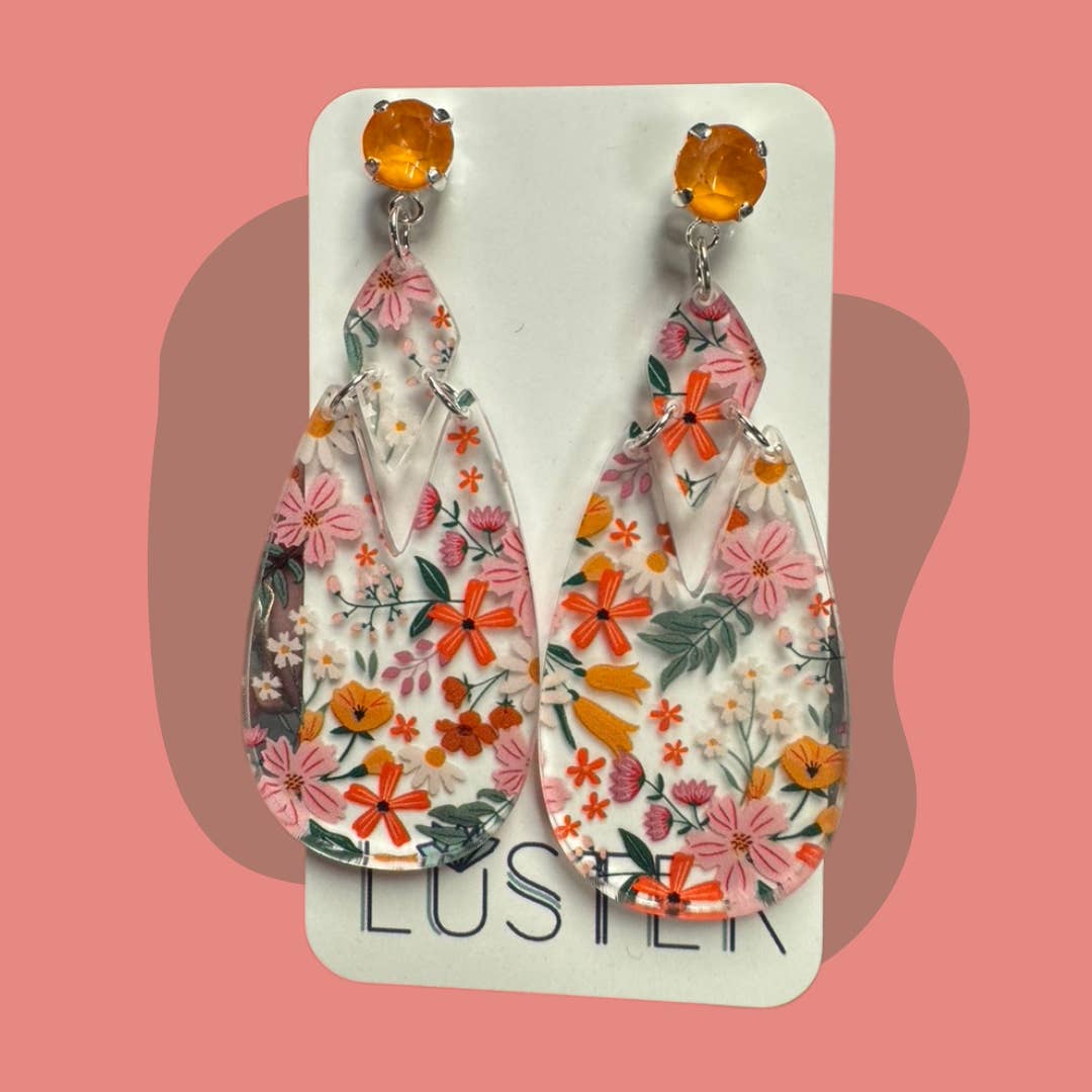Spring Floral Acrylic Teardrop Unique Statement Earrings