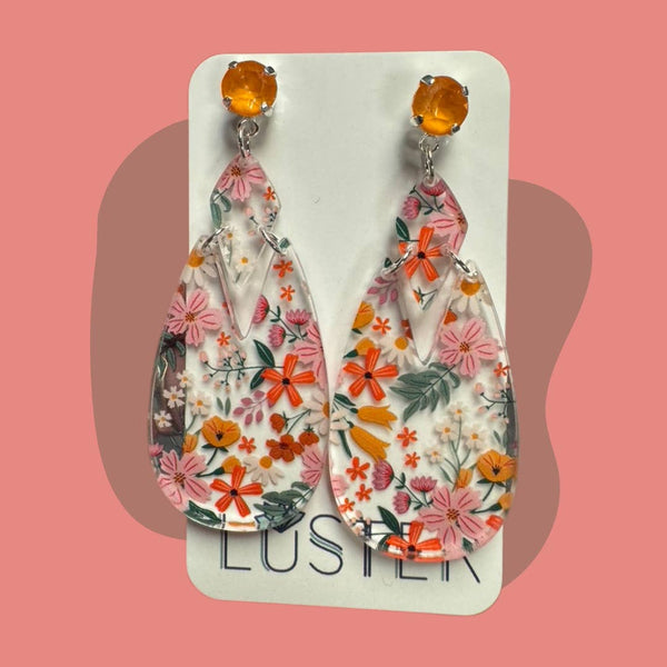 Spring Floral Acrylic Teardrop Unique Statement Earrings